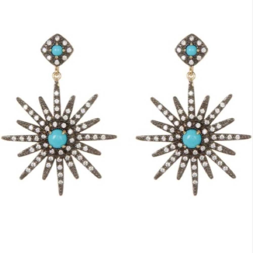 14K gold yellow plated turquoise Swarovski Crystal Accented Starburst earrings